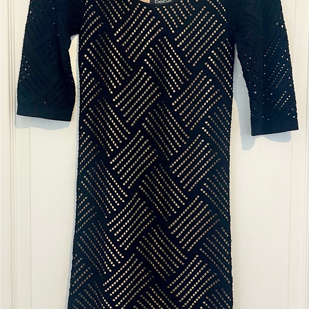 Bebe Black Laser Cut Out Overlay Nude Bodycon Lining Midi Dress 3/4 Sleeve
